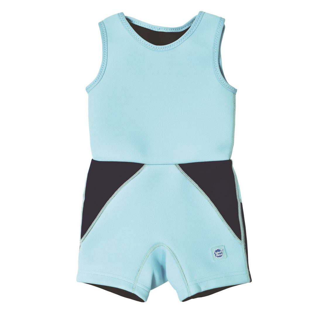 Blue sleeveless baby short leg wetsuit with built in nappy