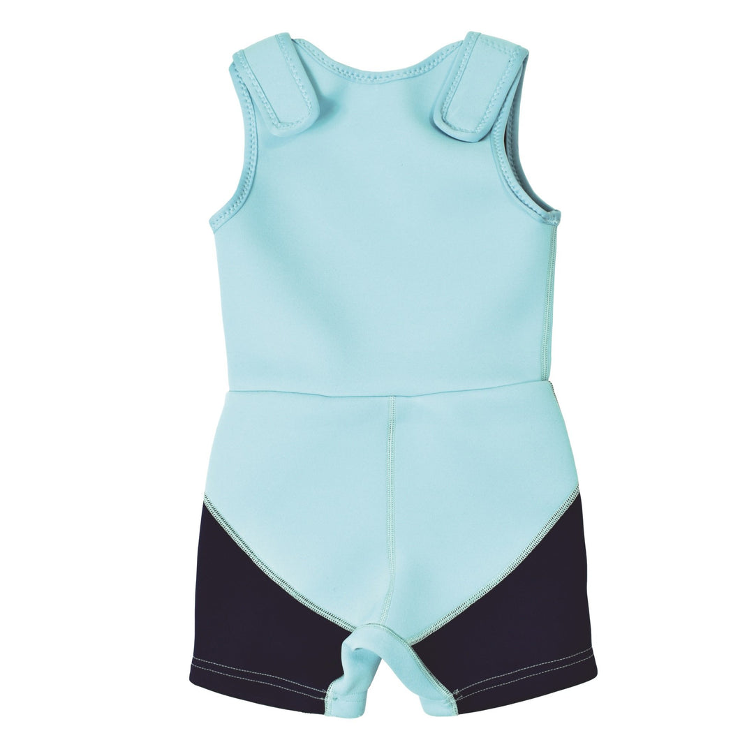 Blue sleeveless baby short leg wetsuit with built in nappy back