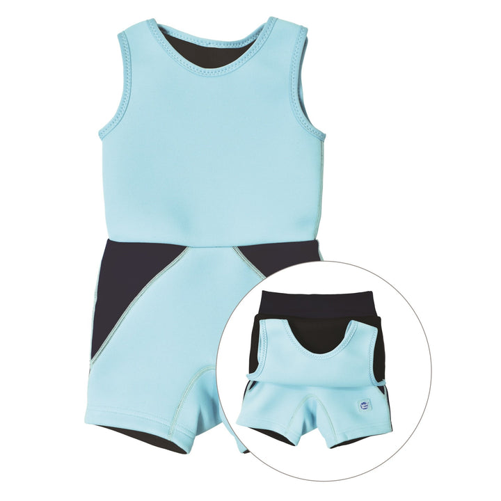 Blue sleeveless baby short leg wetsuit inside detail