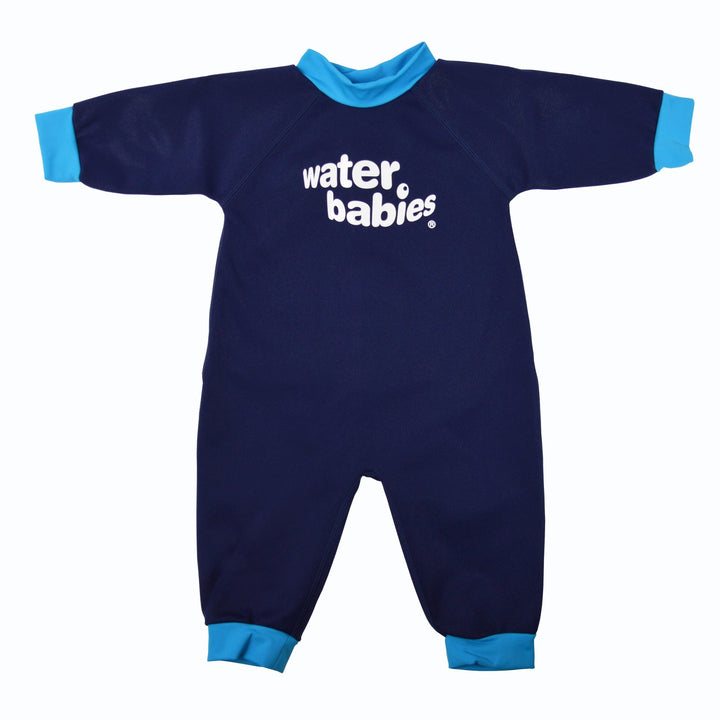Warm baby wetsuit in navy with blue collar and cuffs