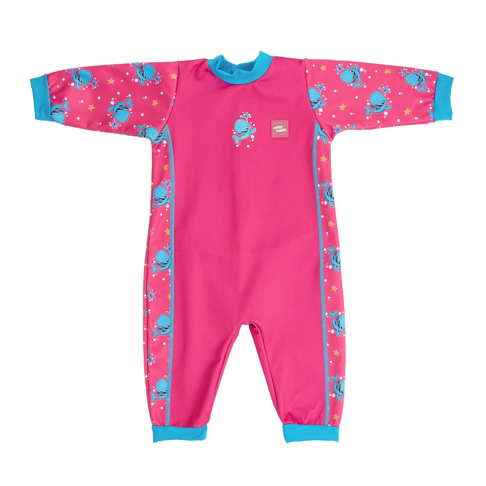 Warm baby wetsuit in pink Bubba the Whale print