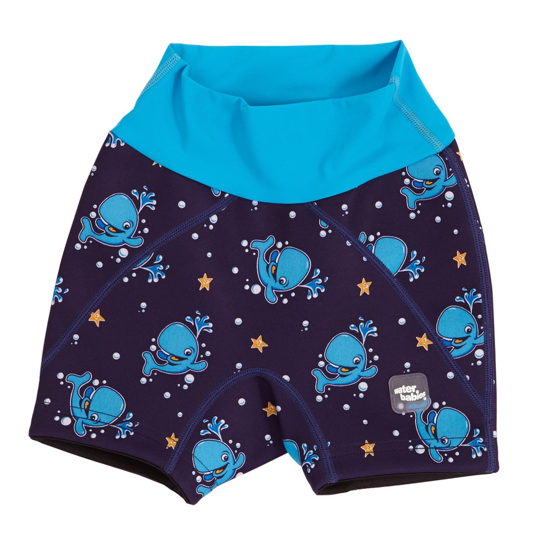 Neoprene swim shorts in blue Bubba the Whale print