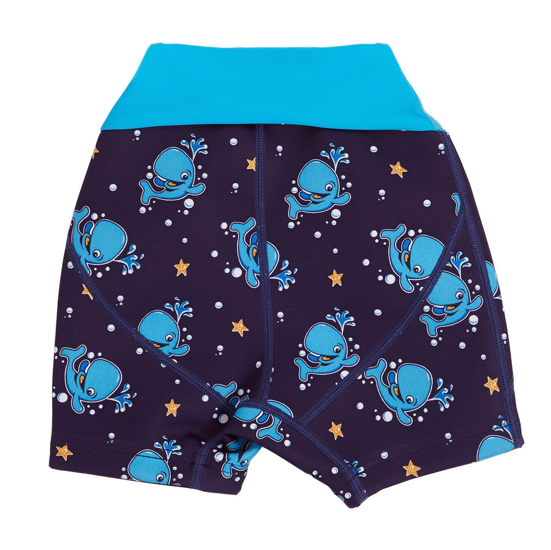 Neoprene swim shorts in blue Bubba the Whale print back