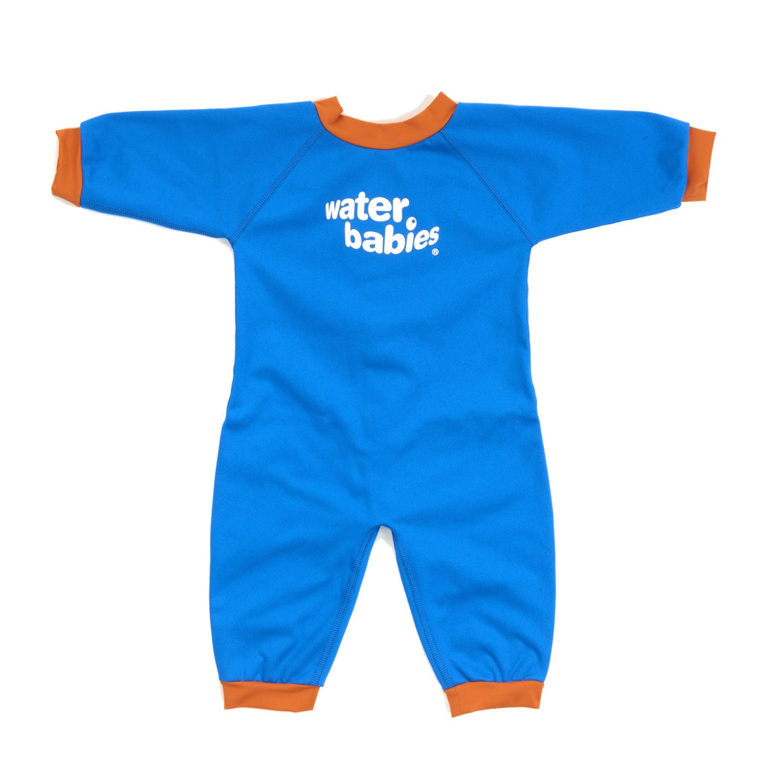 Warm baby wetsuit in blue with orange collar and cuffs